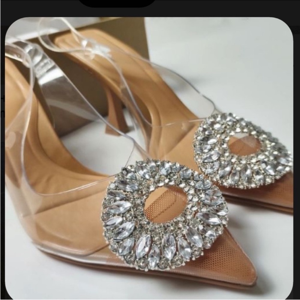 Zara Tan and Silver Heels with Crystal Embellishment